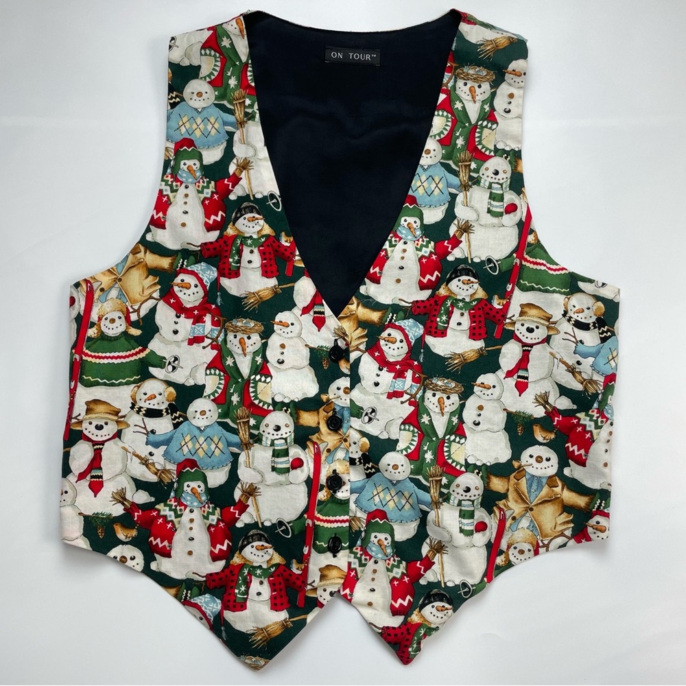 Vintage 90s Holiday Vest Winter Christmas Snowman‎ Women Cotton Print